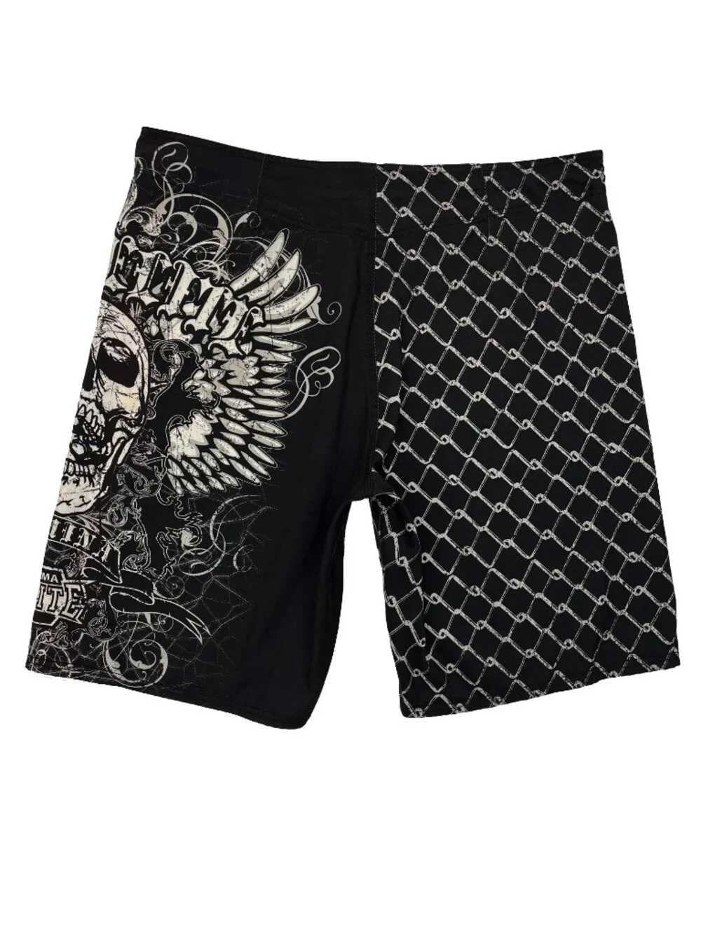 MMA Elite Fighting Shorts Black Skull Wings Cage Design Training Mens XL X-Large